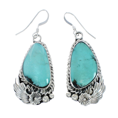 Navajo Turquoise Genuine Sterling Silver Scalloped Leaf Hook Dangle Earrings AX129506